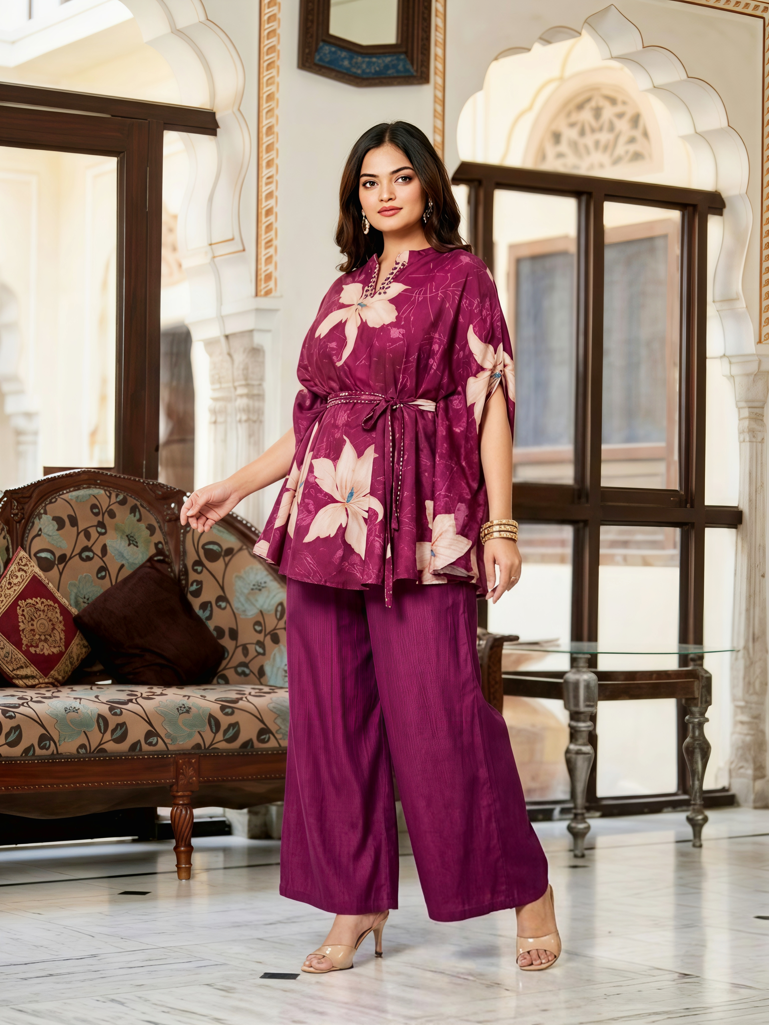 Wine Floral Print Kaftan Top with Matching Wide-Leg Trousers – 2-Piece Co-ord Set