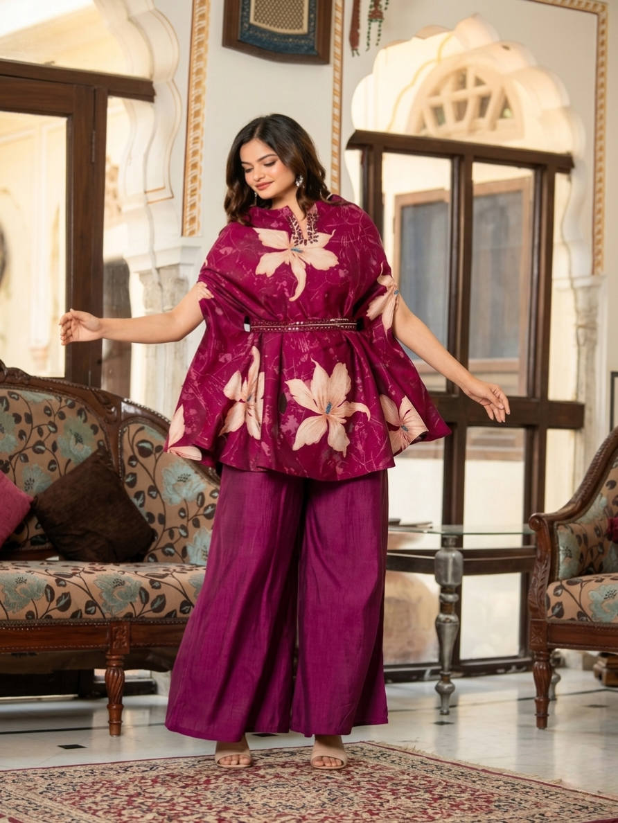 Wine Floral Print Kaftan Top with Matching Wide-Leg Trousers – 2-Piece Co-ord Set