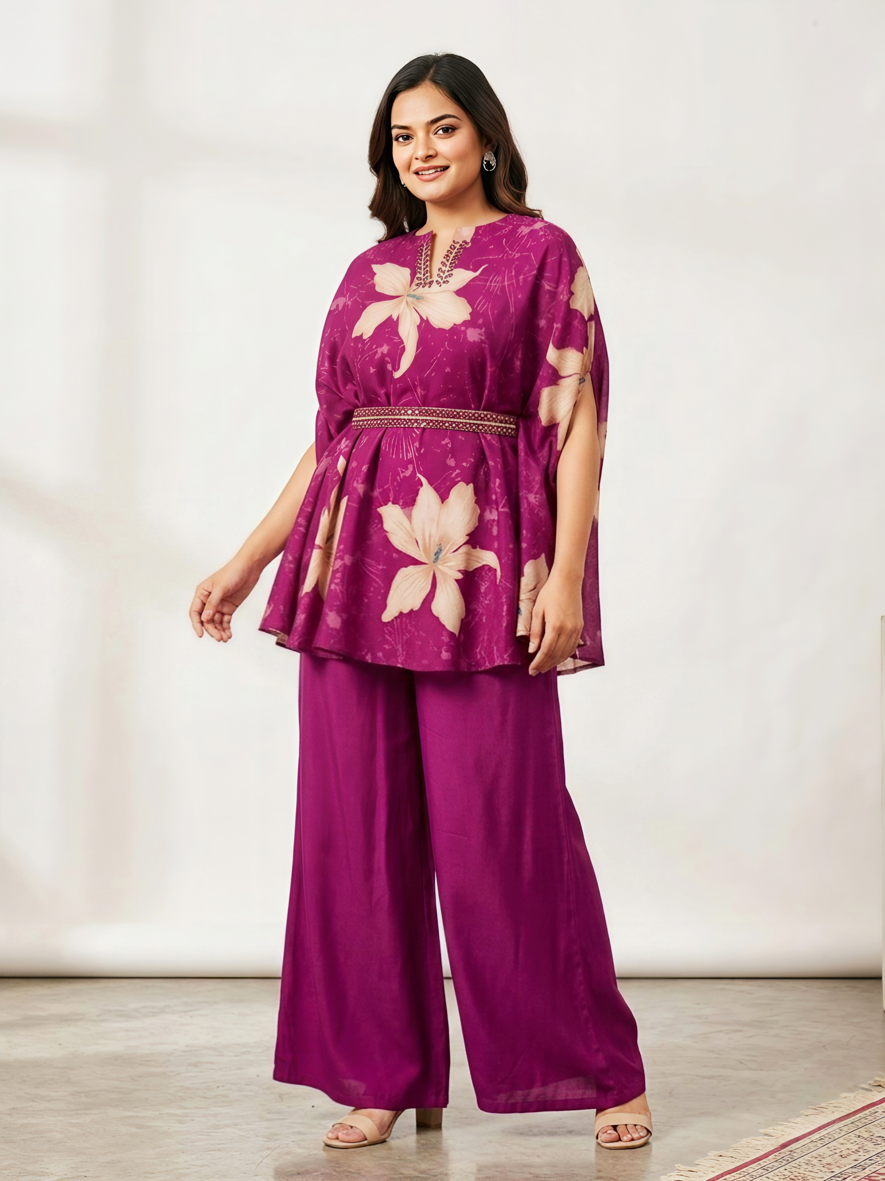 Wine Floral Print Kaftan Top with Matching Wide-Leg Trousers – 2-Piece Co-ord Set