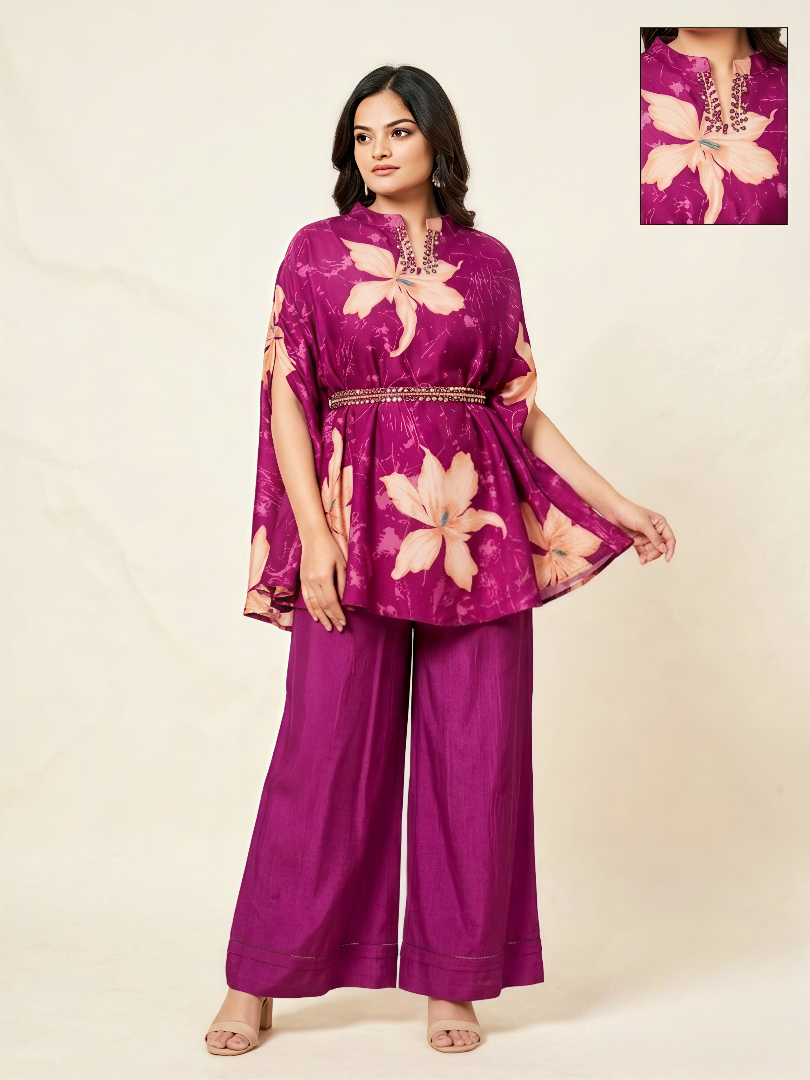 Wine Floral Print Kaftan Top with Matching Wide-Leg Trousers – 2-Piece Co-ord Set