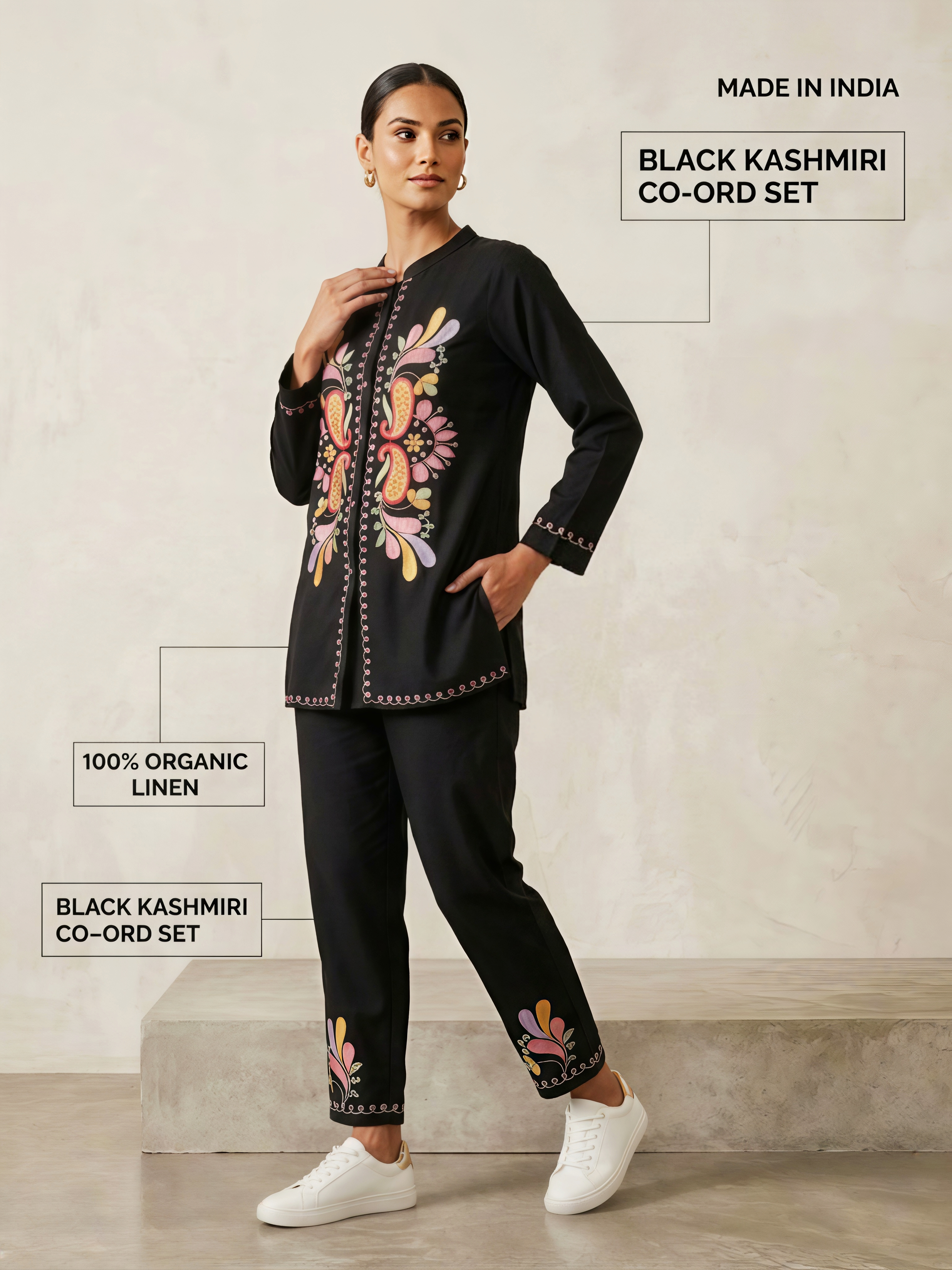 Women's Black 100% Organic Linen Co-ord Set with Kashmiri Print