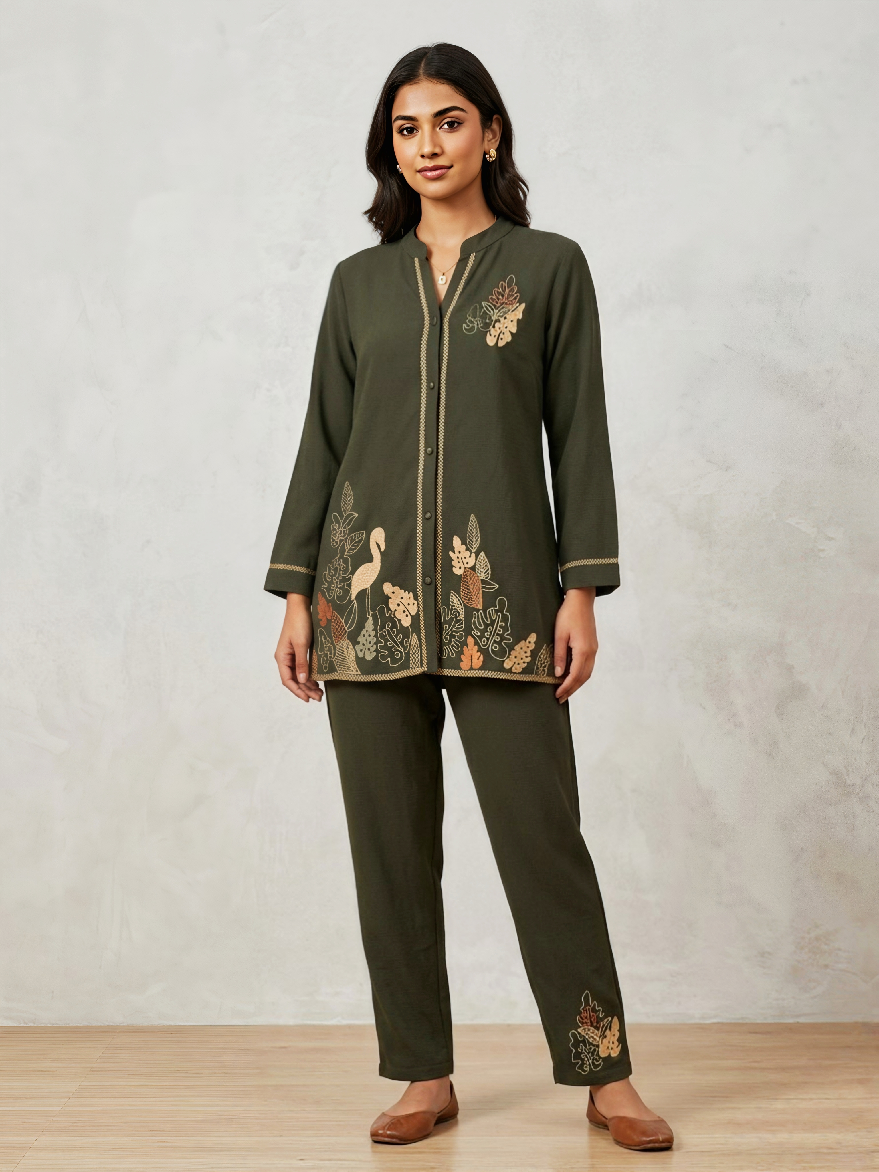 Olive Green Embroidered Co-ord Set with Mandarian Collar and Flamingo Motif