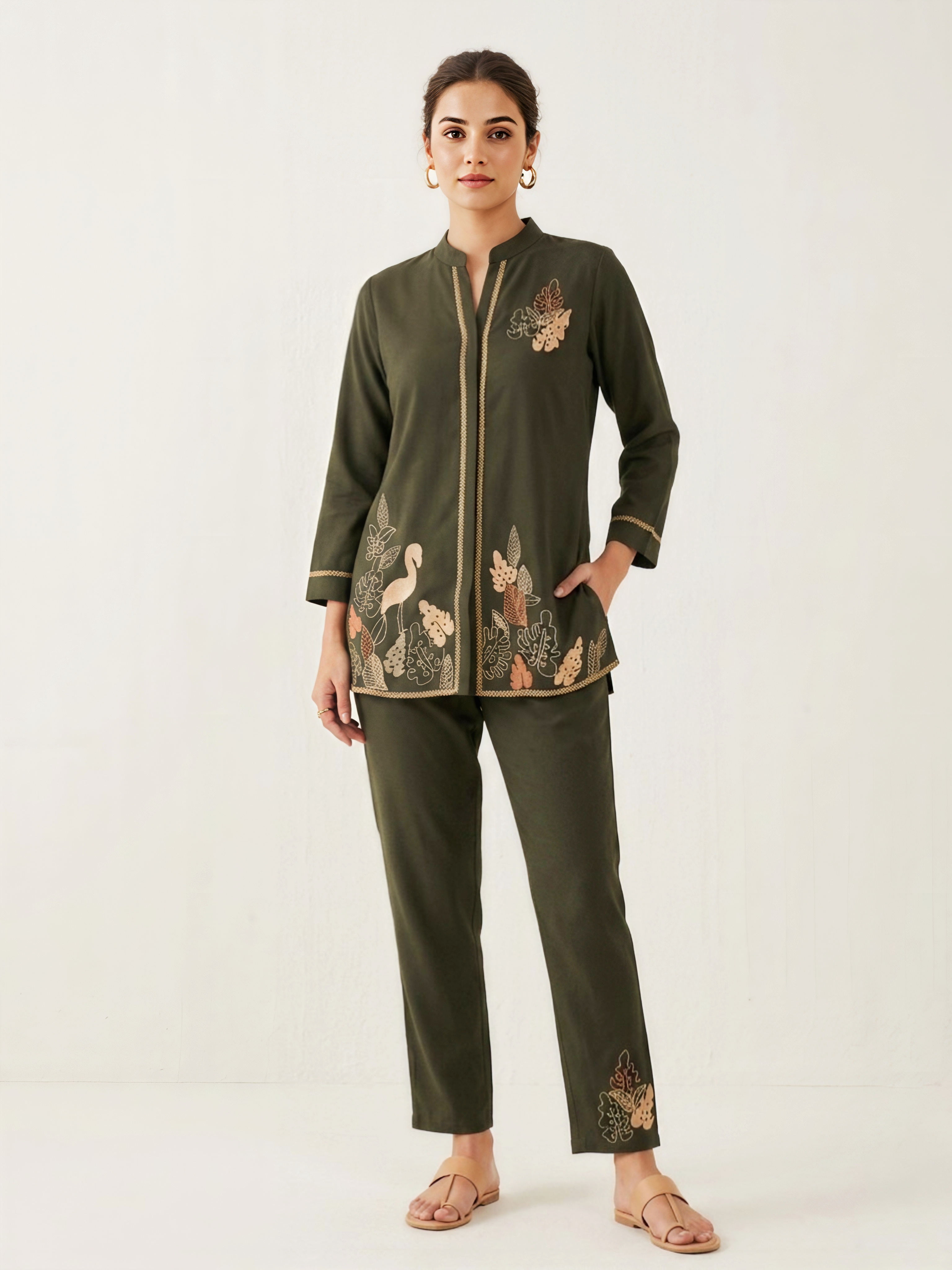 Olive Green Embroidered Co-ord Set with Mandarian Collar and Flamingo Motif
