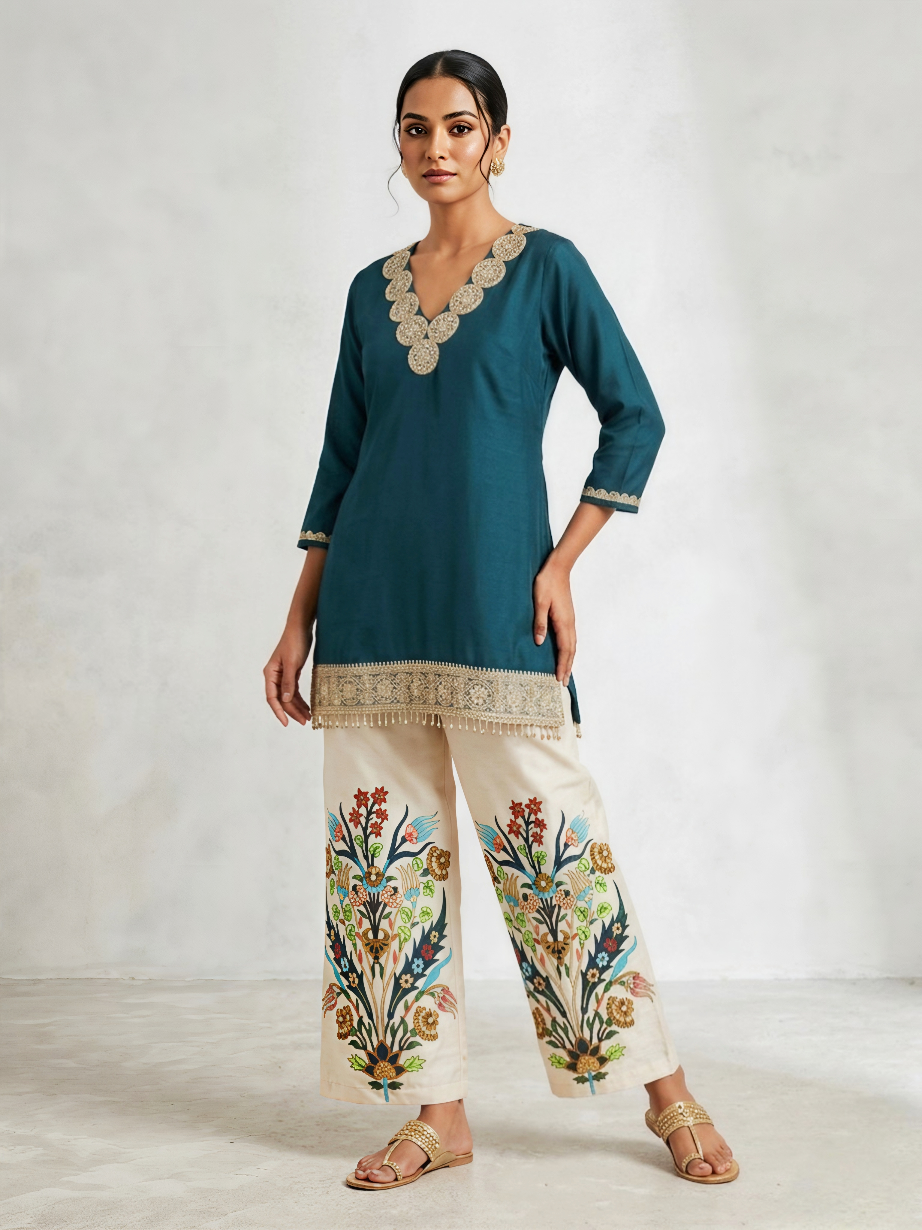 Elegant Teal Silk Tunic Set featuring Gota-Patti Scalloped Neck and Floral Embroidered Palazzos