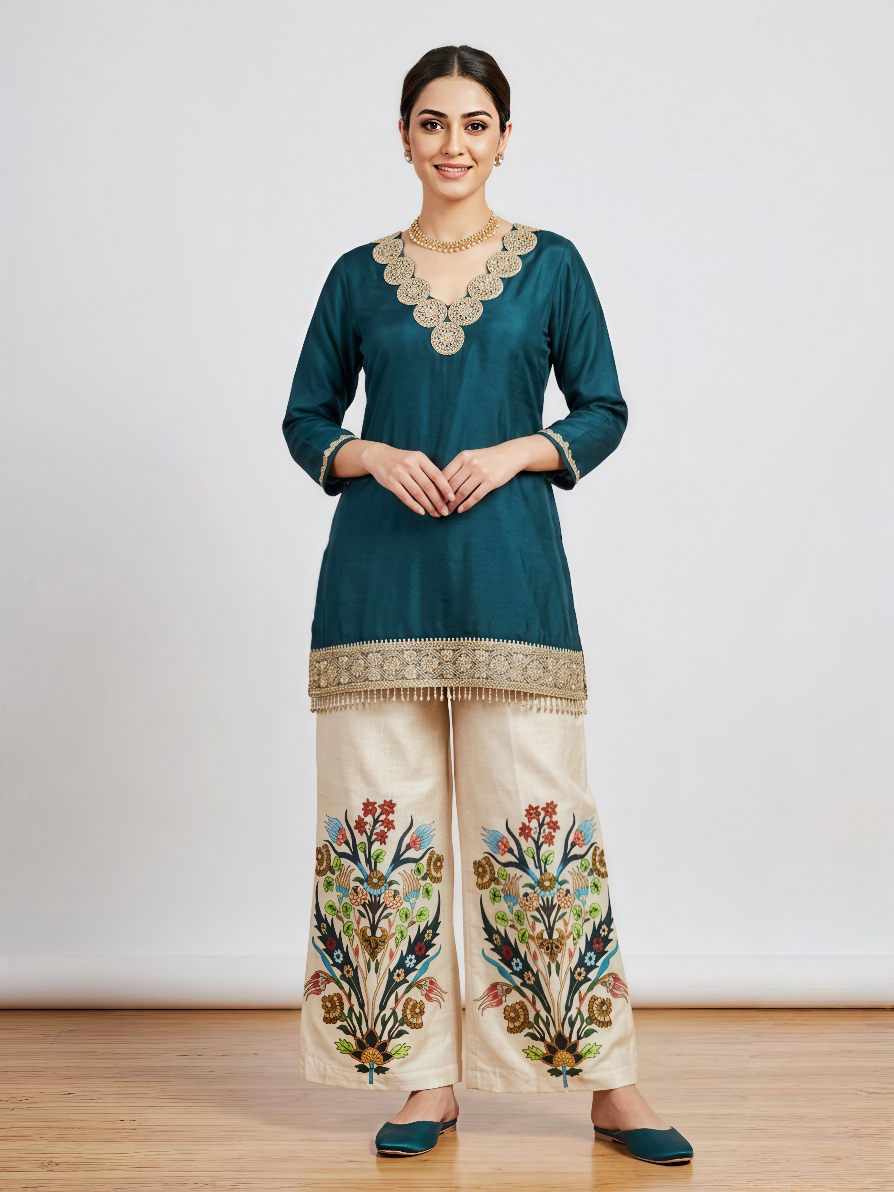 Elegant Teal Silk Tunic Set featuring Gota-Patti Scalloped Neck and Floral Embroidered Palazzos