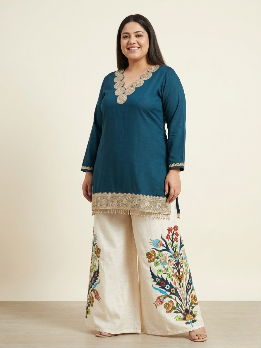 Elegant Teal Silk Tunic Set featuring Gota-Patti Scalloped Neck and Floral Embroidered Palazzos