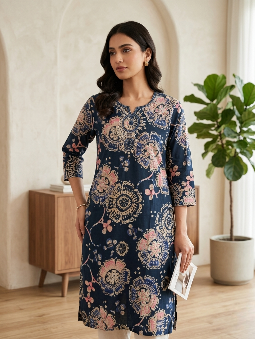 Women’s Indigo Blue Floral Printed Kurti with Embroidered Neckline – 3/4 Sleeves