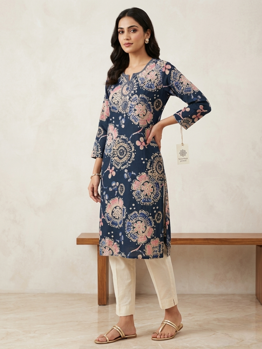 Women’s Indigo Blue Floral Printed Kurti with Embroidered Neckline – 3/4 Sleeves