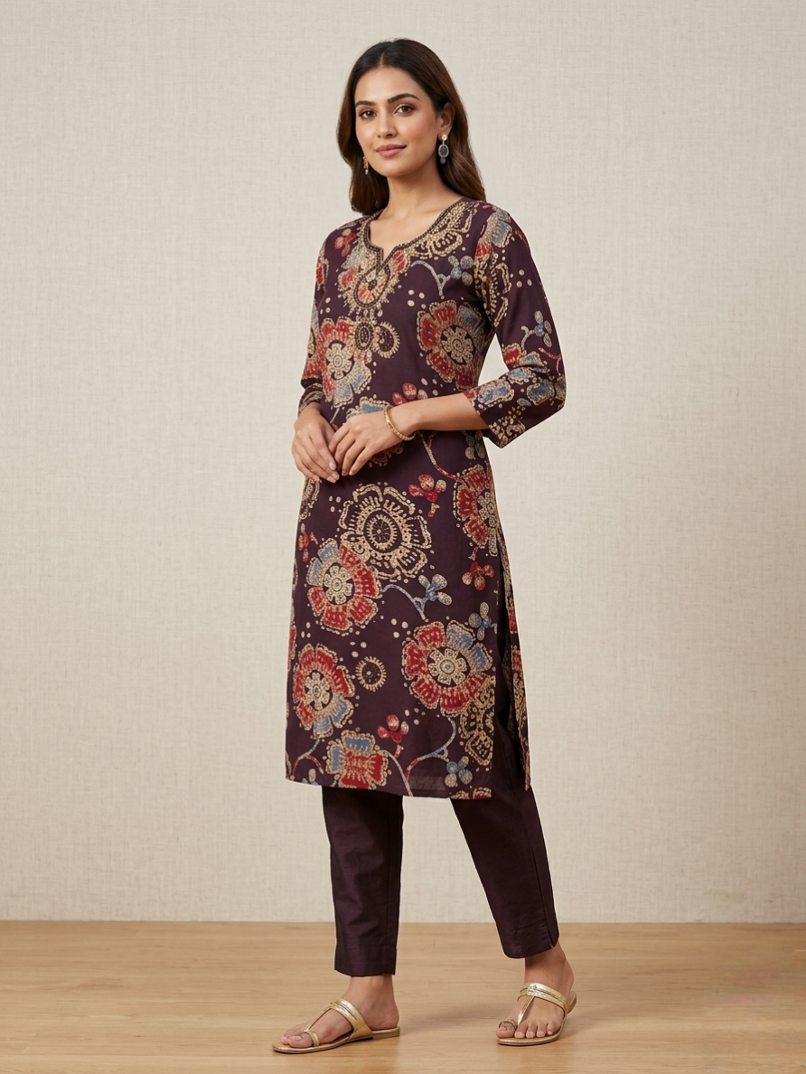 Deep Maroon Kalamkari-Inspired Floral Kurti – 3/4 Sleeves Ethnic Wear