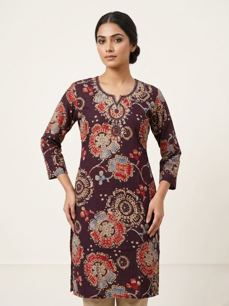 Deep Maroon Kalamkari-Inspired Floral Kurti – 3/4 Sleeves Ethnic Wear