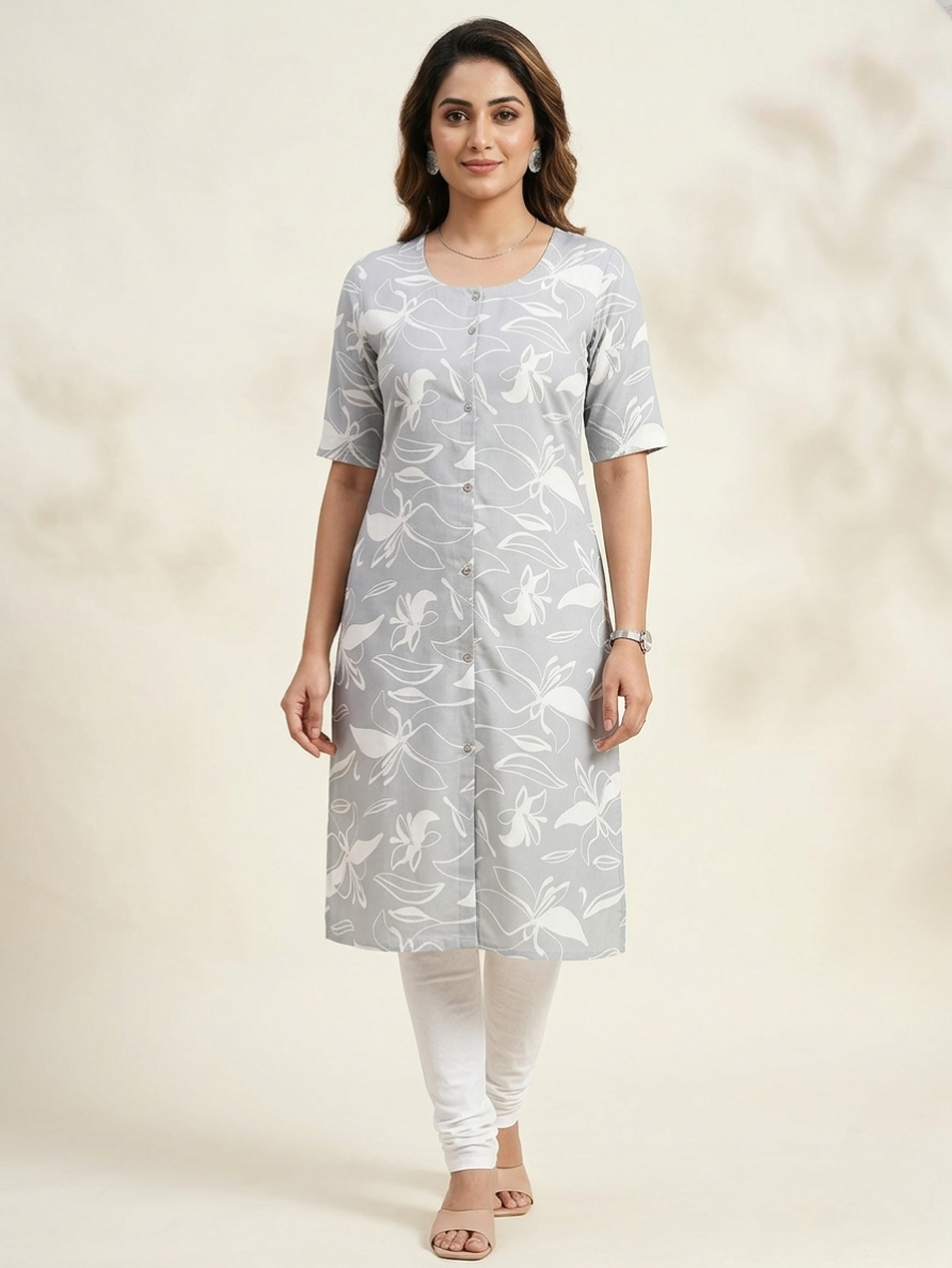 Grey Floral Print Straight Cotton Kurti with Front Button Detail