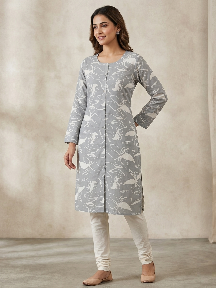 Grey Floral Print Straight Cotton Kurti with Front Button Detail