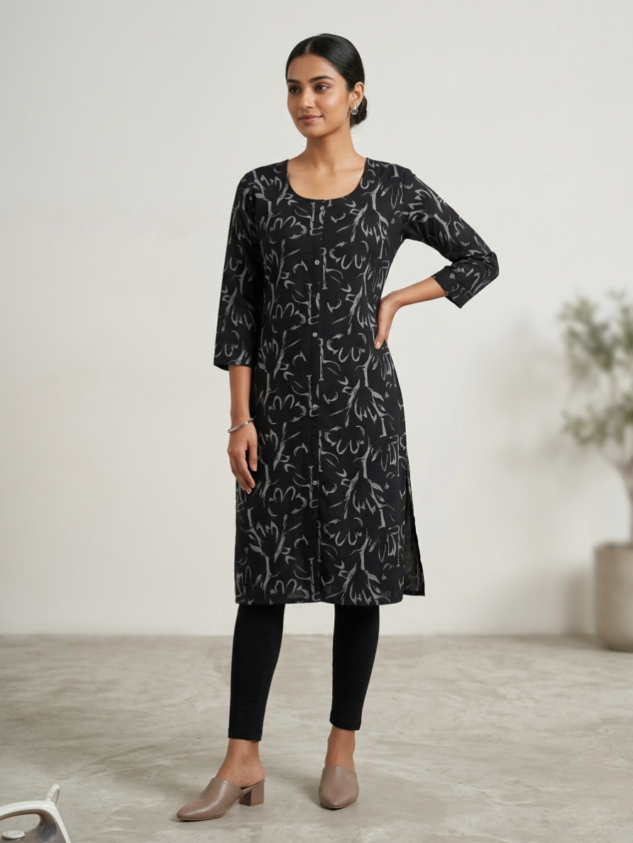 Women's Black Cotton Printed Kurti