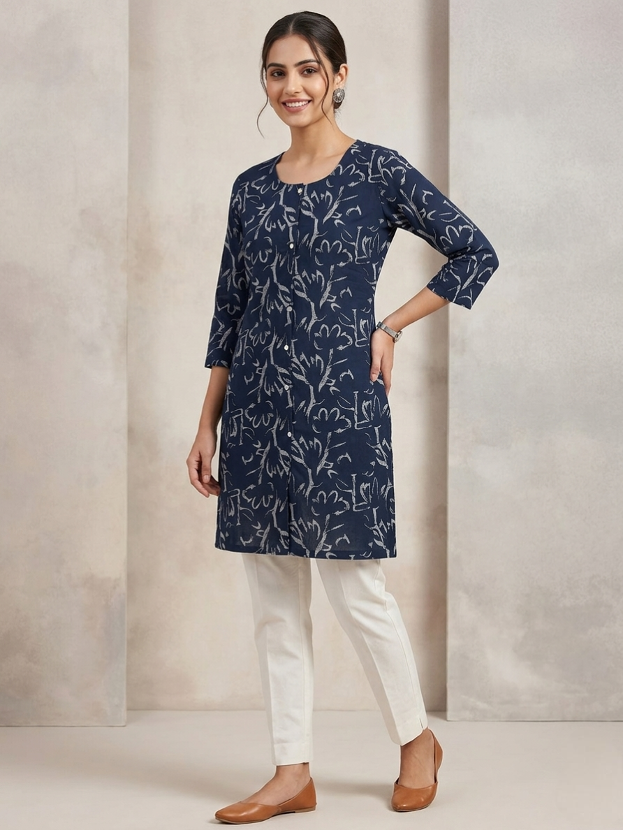 Women's Navy Blue & White Cotton Printed Straight Kurta | Round Neck 3/4 Sleeve Ethnic Tunic
