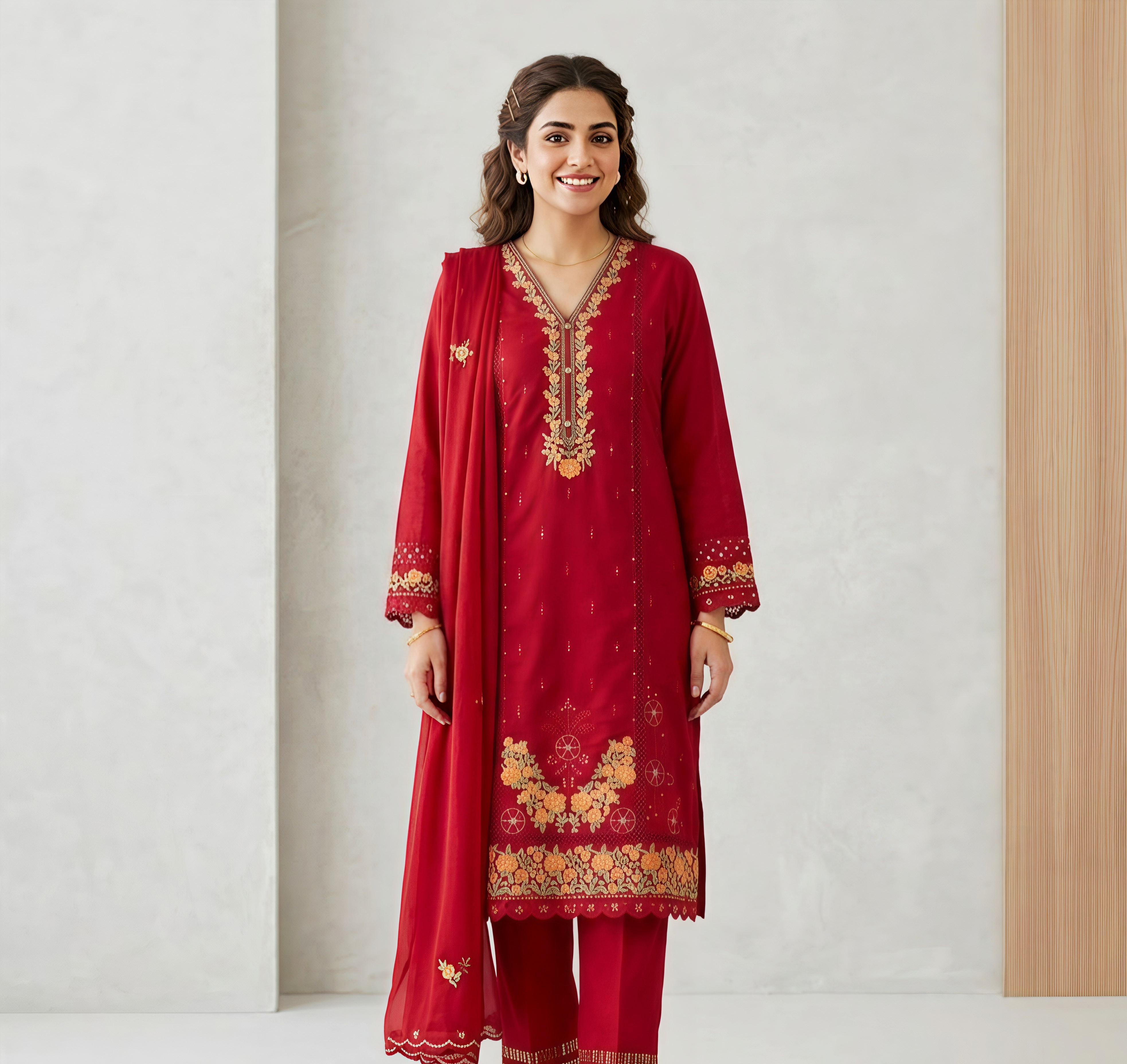 Deep Red Three-Piece Suit with Gold Floral Embroidery and Organza Dupatta