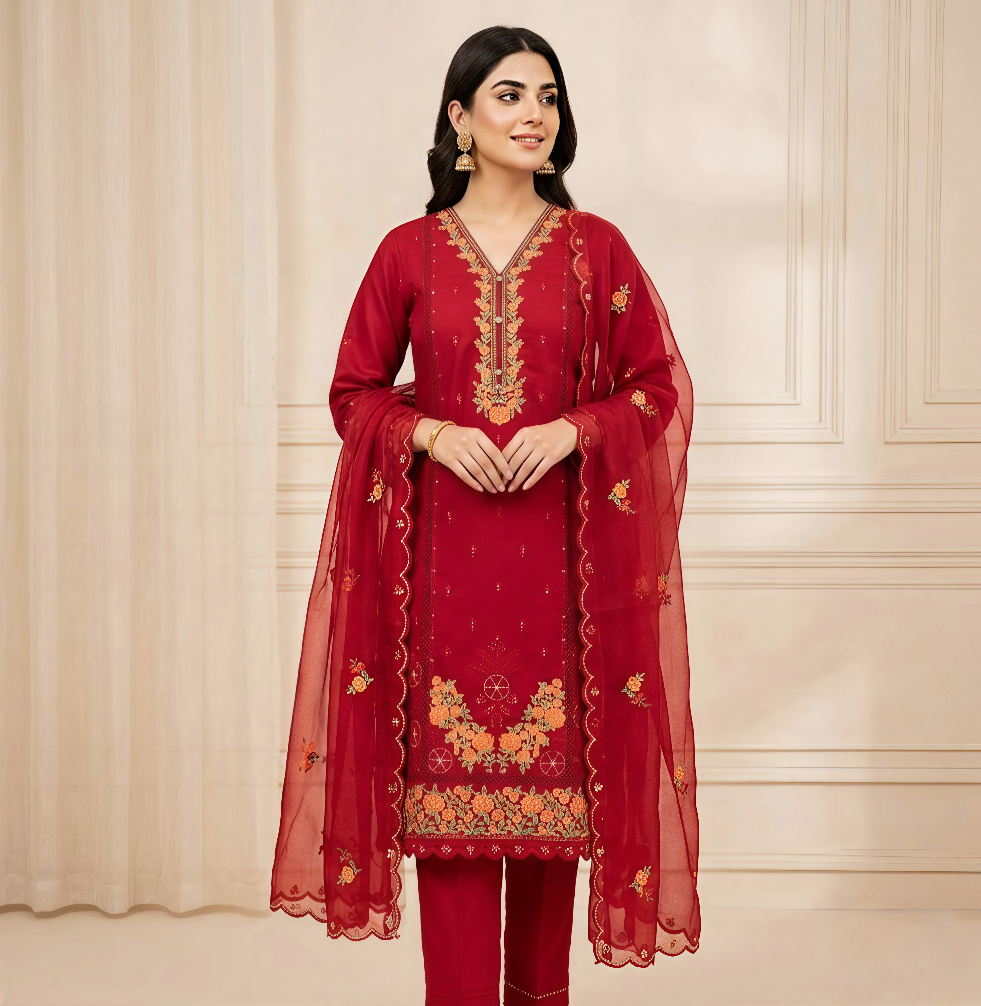 Deep Red Three-Piece Suit with Gold Floral Embroidery and Organza Dupatta